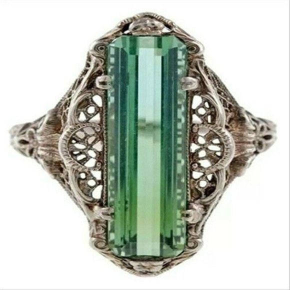 Jewelry - Retro Hollow Green Topaz Antique Silver Filigree Ring